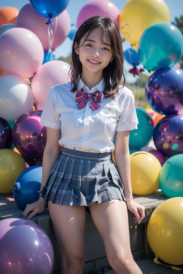 (detailed face), grin, 1girl, beautiful woman, young woman, 18yo, extremely beautiful detailed eyes, shiny lips, (white shirt, short sleeves, bowtie, plaid miniskirt, pleated skirt, bare legs, thighs, socks, loafers, school uniform:1.2), background High tone color, (background a lot colorful balloon:1.2) 


(best quality), 8K, (realistic), ultra high res, extreme detailed, masterpiece, cinematic lighting