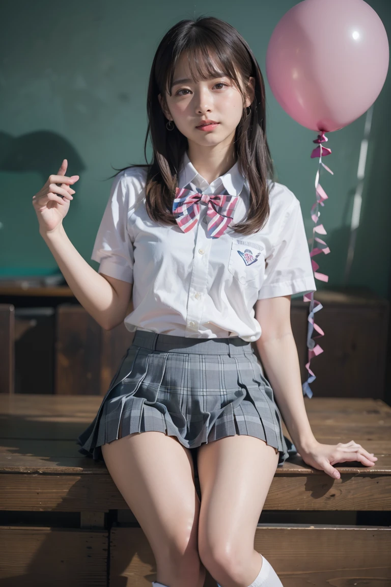 (detailed face), grin, 1girl, beautiful woman, young woman, 18yo, extremely beautiful detailed eyes, shiny lips, (white shirt, short sleeves, bowtie, plaid miniskirt, pleated skirt, bare legs, thighs, socks, loafers, school uniform:1.2), background High tone color, (background a lot colorful balloon:1.2) 


(best quality), 8K, (realistic), ultra high res, extreme detailed, masterpiece, cinematic lighting