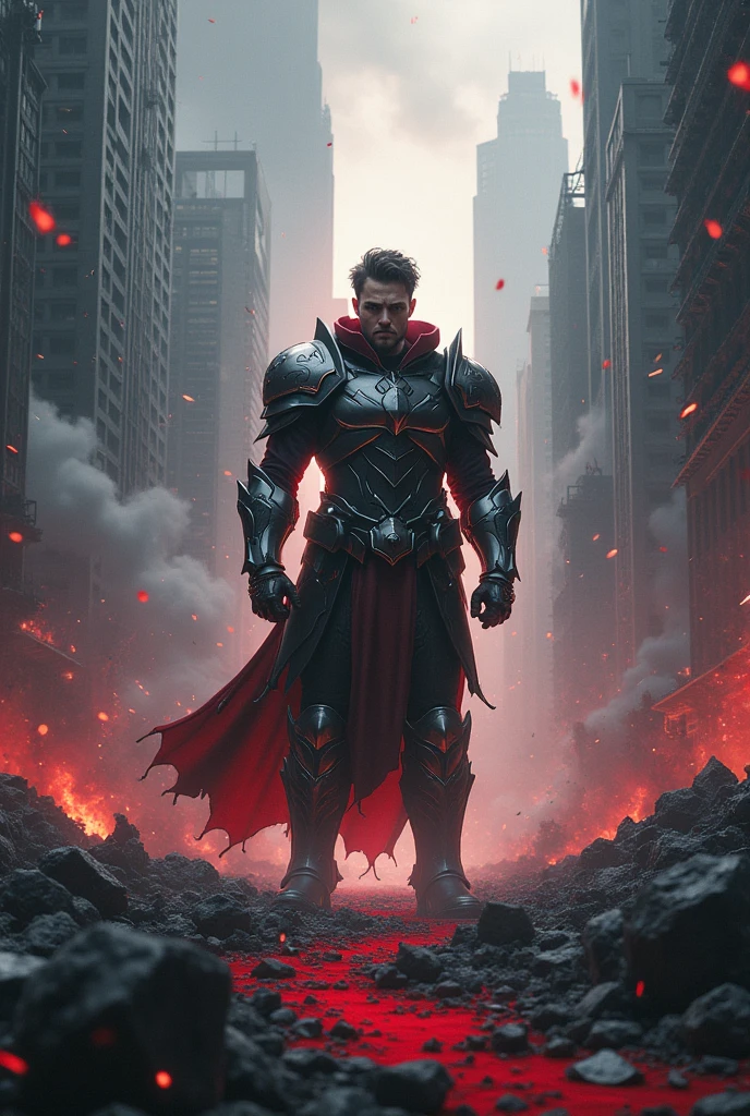 4Kと高解像度で衝撃的なmasterpiece, (masterpiece, Best image quality),One boy, Pure White Hero, (Dynamic pose | Element Surround:1.2), Low angle view, Super detailed, Ruins of the battle, intense, shock wave, Outdoor, Battlefield Background,Guardian of the City,Hiding his face