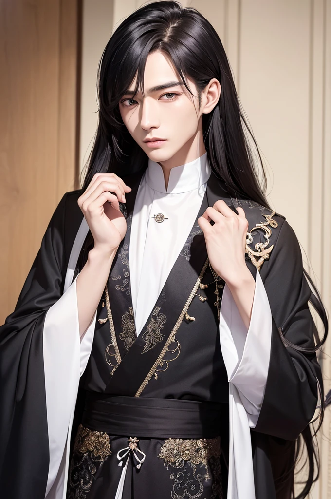 4K, Young man, Long black hair, Handsome guy(realistically), Slick face(Detailed face:1.2), ดวงตาที่realistically, Beautiful and detailed eyes,Xiao Zhan,Close-up of a man with long hair and wearing Chinese clothing., Xiao Zhan,Handsome guyร่างใหญ่,Handsome guyใหญ่อยู่ยงคงกระพัน,Unparalleled beauty,Beautiful and pure eyes,It&#39;s like a god descending from a human being.,background: Inside an ancient Chinese house, a masterpiece, Beautifully drawn eyes, Well drawn face, Eyes with good details, Detailed faceสวยงาม, 8k, Light and shadow effects.