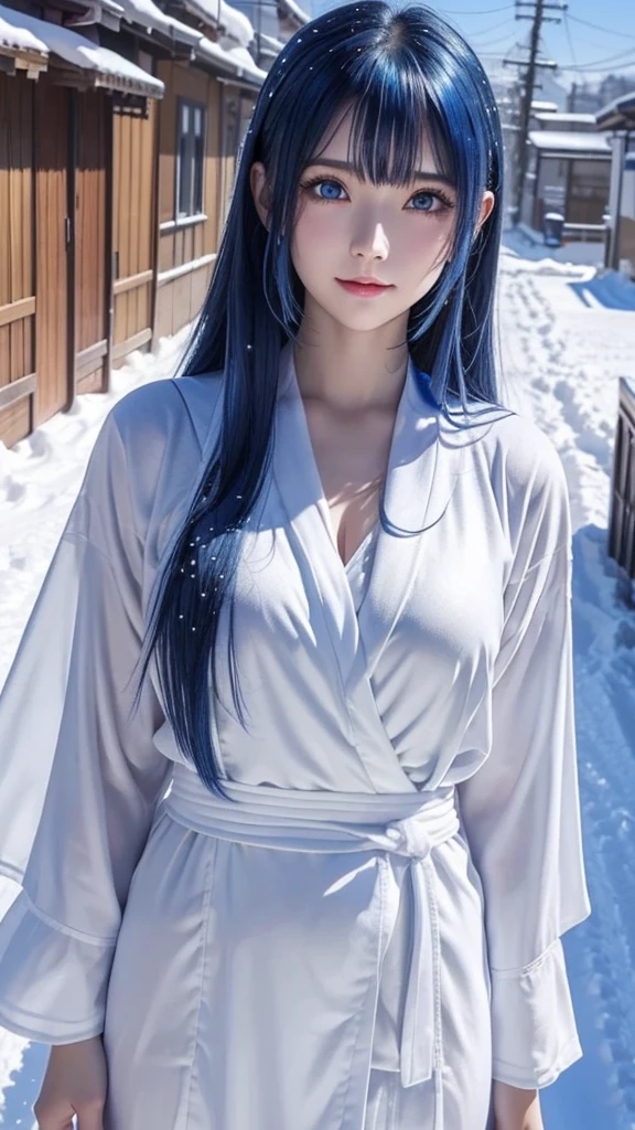 Ultramarine blue hair、masterpiece、Best Quality、High resolution、Highly detailed photos、Professional Lighting、Bangs between the eyes、Hair above the eyes、片Hair above the eyes、Mid-face hair、Strike a Pose、Portraiture、Bright expression、like々White, radiant skin、Great looks、眩しいハイライトが入ったUltramarine blue hair、Bright and shiny hair,、Long Straight Hair、Attractive big blue eyes、so beautiful, Lovely and cute girl, Looking at the audience, Laughter,  ((Snow Woman、Basic Instinct、White robes、Snow Mountain、Snowstorm)) 