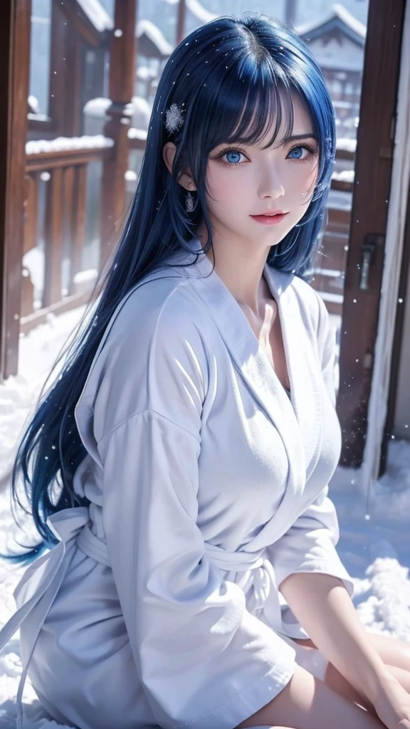 Ultramarine blue hair、masterpiece、Best Quality、High resolution、Highly detailed photos、Professional Lighting、Bangs between the eyes、Hair above the eyes、片Hair above the eyes、Mid-face hair、Strike a Pose、Portraiture、Bright expression、like々White, radiant skin、Great looks、眩しいハイライトが入ったUltramarine blue hair、Bright and shiny hair,、Long Straight Hair、Attractive big blue eyes、so beautiful, Lovely and cute girl, Looking at the audience, Laughter,  ((Snow Woman、Basic Instinct、White robes、Snow Mountain、Snowstorm)) 