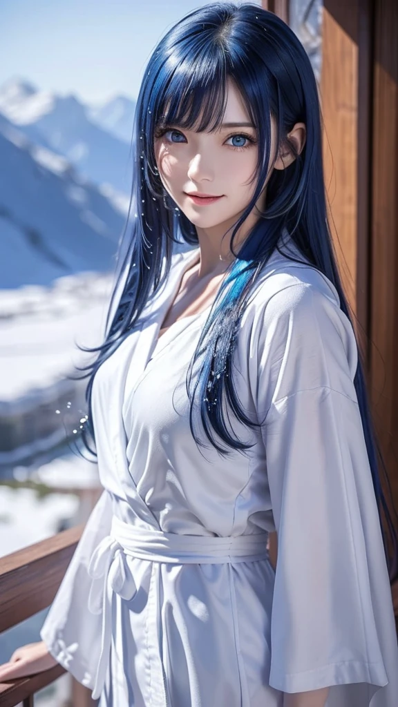 Ultramarine blue hair、masterpiece、Best Quality、High resolution、Highly detailed photos、Professional Lighting、Bangs between the eyes、Hair above the eyes、片Hair above the eyes、Mid-face hair、Strike a Pose、Portraiture、Bright expression、like々White, radiant skin、Great looks、眩しいハイライトが入ったUltramarine blue hair、Bright and shiny hair,、Long Straight Hair、Attractive big blue eyes、so beautiful, Lovely and cute girl, Looking at the audience, Laughter,  ((Snow Woman、Basic Instinct、White robes、Snow Mountain、Snowstorm)) 