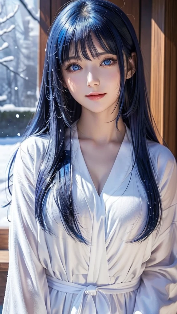 Ultramarine blue hair、masterpiece、Best Quality、High resolution、Highly detailed photos、Professional Lighting、Bangs between the eyes、Hair above the eyes、片Hair above the eyes、Mid-face hair、Strike a Pose、Portraiture、Bright expression、like々White, radiant skin、Great looks、眩しいハイライトが入ったUltramarine blue hair、Bright and shiny hair,、Long Straight Hair、Attractive big blue eyes、so beautiful, Lovely and cute girl, Looking at the audience, Laughter,  ((Snow Woman、Basic Instinct、White robes、Snow Mountain、Snowstorm)) 