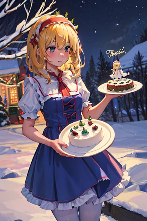 Alice and her friends are having a Christmas party　white christmas　quiet night lake　powder snow falls　Christmas tree　Christmas Cake　illumination　Meteor Shower　大きなChristmas Cakeを食べるアリス・マーガトロイド　Clothes are default