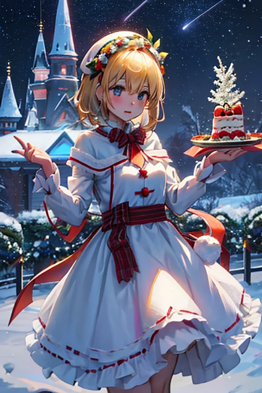 Alice and her friends are having a Christmas party　white christmas　quiet night lake　powder snow falls　Christmas tree　Christmas Cake　illumination　Meteor Shower　大きなChristmas Cakeを食べるアリス・マーガトロイド　Clothes are default