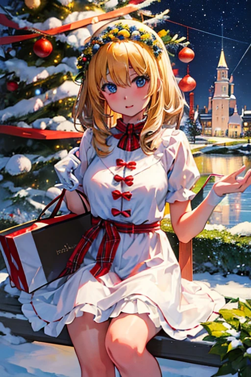 Alice and her friends are having a Christmas party　white christmas　quiet night lake　powder snow falls　Christmas tree　Christmas Cake　illumination　Meteor Shower　大きなChristmas Cakeを食べるアリス・マーガトロイド　Clothes are default