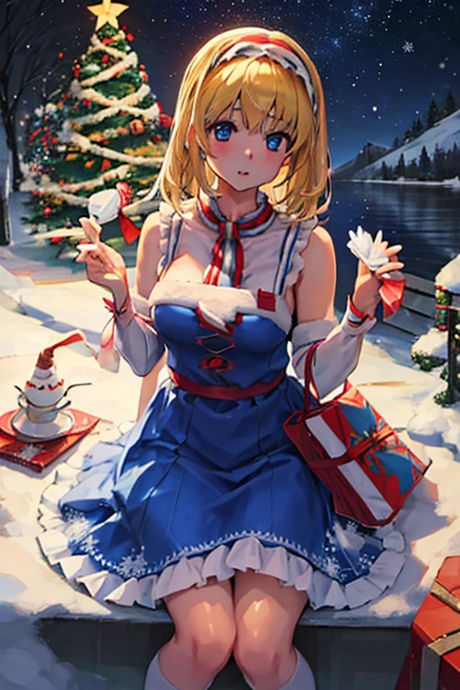 Alice and her friends are having a Christmas party　white christmas　quiet night lake　powder snow falls　Christmas tree　Christmas Cake　illumination　Meteor Shower　大きなChristmas Cakeを食べるアリス・マーガトロイド　Clothes are default