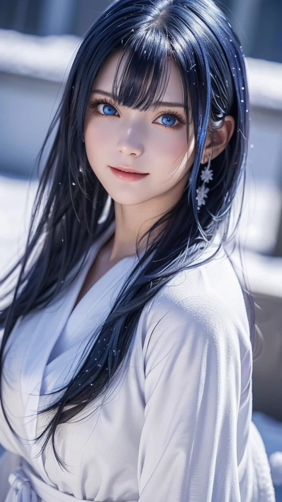 Ultramarine blue hair、masterpiece、Best Quality、High resolution、Highly detailed photos、Professional Lighting、Bangs between the eyes、Hair above the eyes、片Hair above the eyes、Mid-face hair、Strike a Pose、Portraiture、Bright expression、like々White, radiant skin、Great looks、眩しいハイライトが入ったUltramarine blue hair、Bright and shiny hair,、Long Straight Hair、Attractive big blue eyes、so beautiful, Lovely and cute girl, Looking at the audience, Laughter,  ((Snow Woman、Basic Instinct、White robes、Snow Mountain、Snowstorm)) 