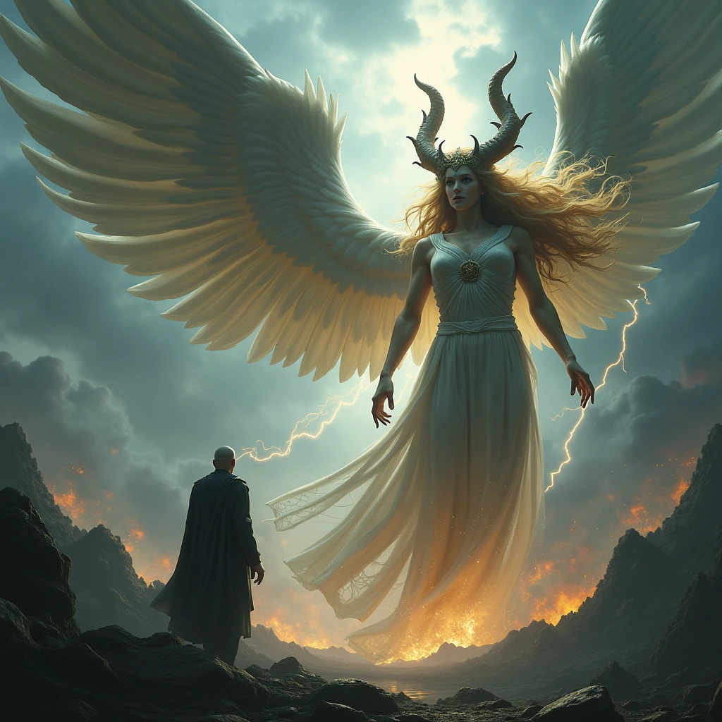 Create an image of an angel falling from the sky, A demon coming out of the depths of hell and in the middle of both the sign of the illuminati 