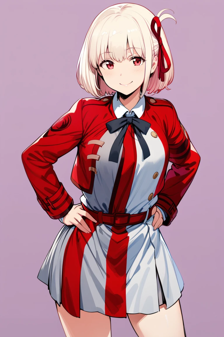 (art by hews:0.8), cowboy shot, solo, 1girl, nishikigi chisato, smile, looking at viewer, hands on hips, bob cut, hair ribbon, lycoris uniform, two-tone dress, red dress, grey dress, neck ribbon, long sleeves 