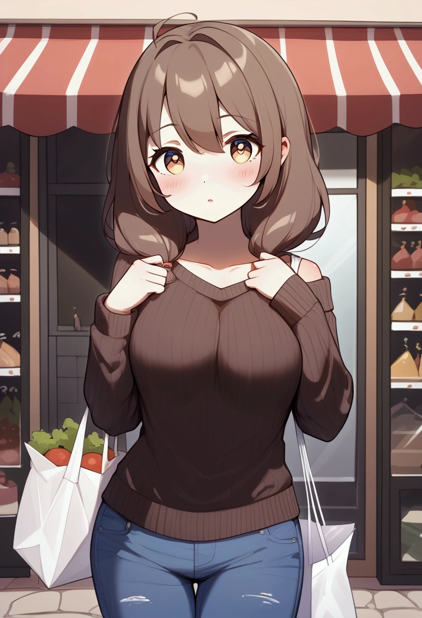 ((appearance:Brown Hair＿Shoulder-length hair＿Hair with movement＿Sparkling light brown eyes＿Thin outline＿＿A kind-looking woman)、(clothing;Dark brown sweater＿Blue jeans pants＿Shopping Bag))。I&#39;m shopping、(place:Stonework＿Around town＿market)、(Shade Shooting＿high quality＿Score_9， Score_8_superior， Score_7_superior)