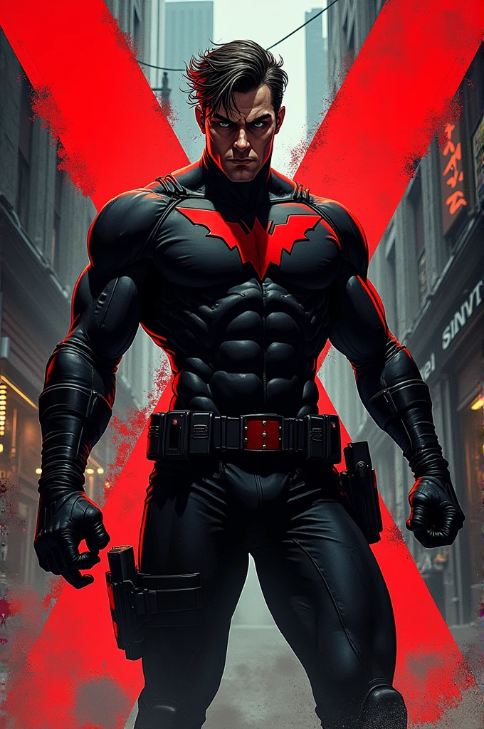 (8k, RAW photo, best quality, masterpiece:1.2), ultra detailed, official art, photo-realistic:1.37, upper body shot, DC Batman Beyond, film grain, action pose