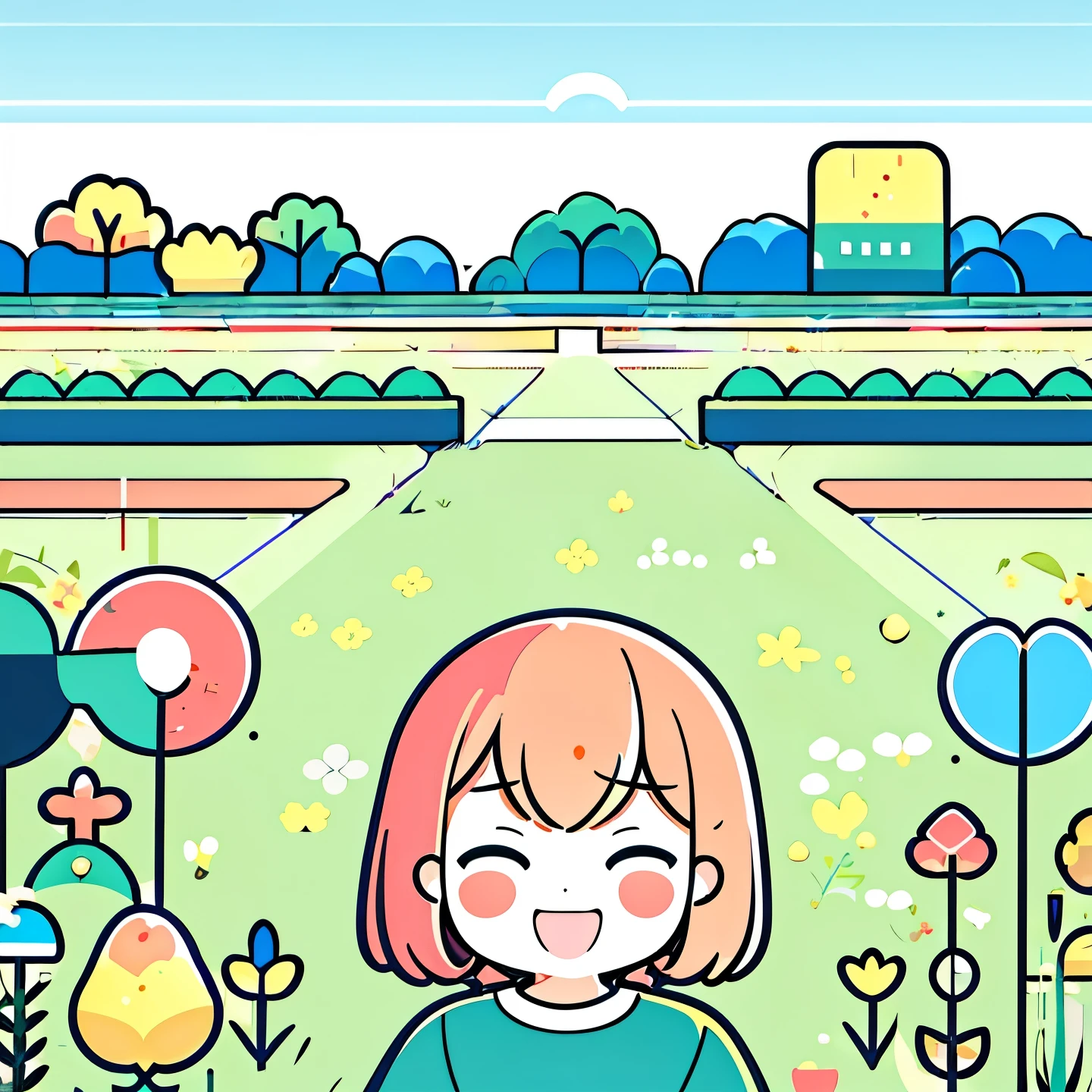 (Flattening，UI vector style), (1 girl，Green garden run:1.5)，rosy cheeks，bright smile，wearing casual，cozy clothings，garden，On the grass，blue sky，dense with greenery，flowers bloom, Bright colors，Cheerful atmosphere，(Simple illustration)，(smooth line art:1.2), (minimalism), White background，(graphic design aesthetics)，(flat illustration)