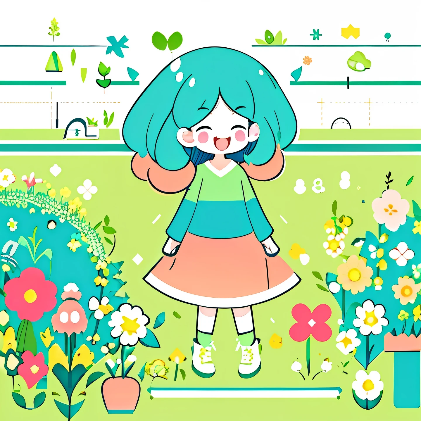 (Flattening，UI vector style), (1 girl，Green garden run:1.5)，rosy cheeks，bright smile，wearing casual，cozy clothings，garden，On the grass，blue sky，dense with greenery，flowers bloom, Bright colors，Cheerful atmosphere，(Simple illustration)，(smooth line art:1.2), (minimalism), White background，(graphic design aesthetics)，(flat illustration)