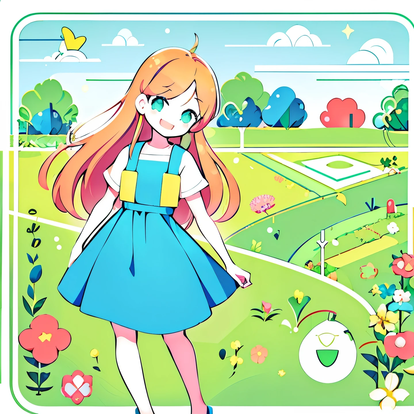 (Flattening，UI vector style), (1 girl，Green garden run:1.5)，rosy cheeks，bright smile，wearing casual，cozy clothings，garden，On the grass，blue sky，dense with greenery，flowers bloom, Bright colors，Cheerful atmosphere，(Simple illustration)，(smooth line art:1.2), (minimalism), White background，(graphic design aesthetics)，(flat illustration)