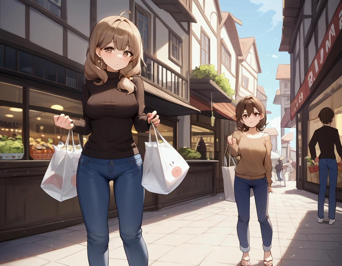 ((appearance:Brown Hair＿Shoulder-length hair＿Hair with movement＿Sparkling light brown eyes＿Thin outline＿＿A kind-looking woman)、(clothing;Dark brown sweater＿Blue jeans pants＿Shopping Bag))。I&#39;m shopping、(place:Stonework＿Around town＿market)、(Shade Shooting＿high quality＿Score_9， Score_8_superior， Score_7_superior)、There is a lot of white space、crowd