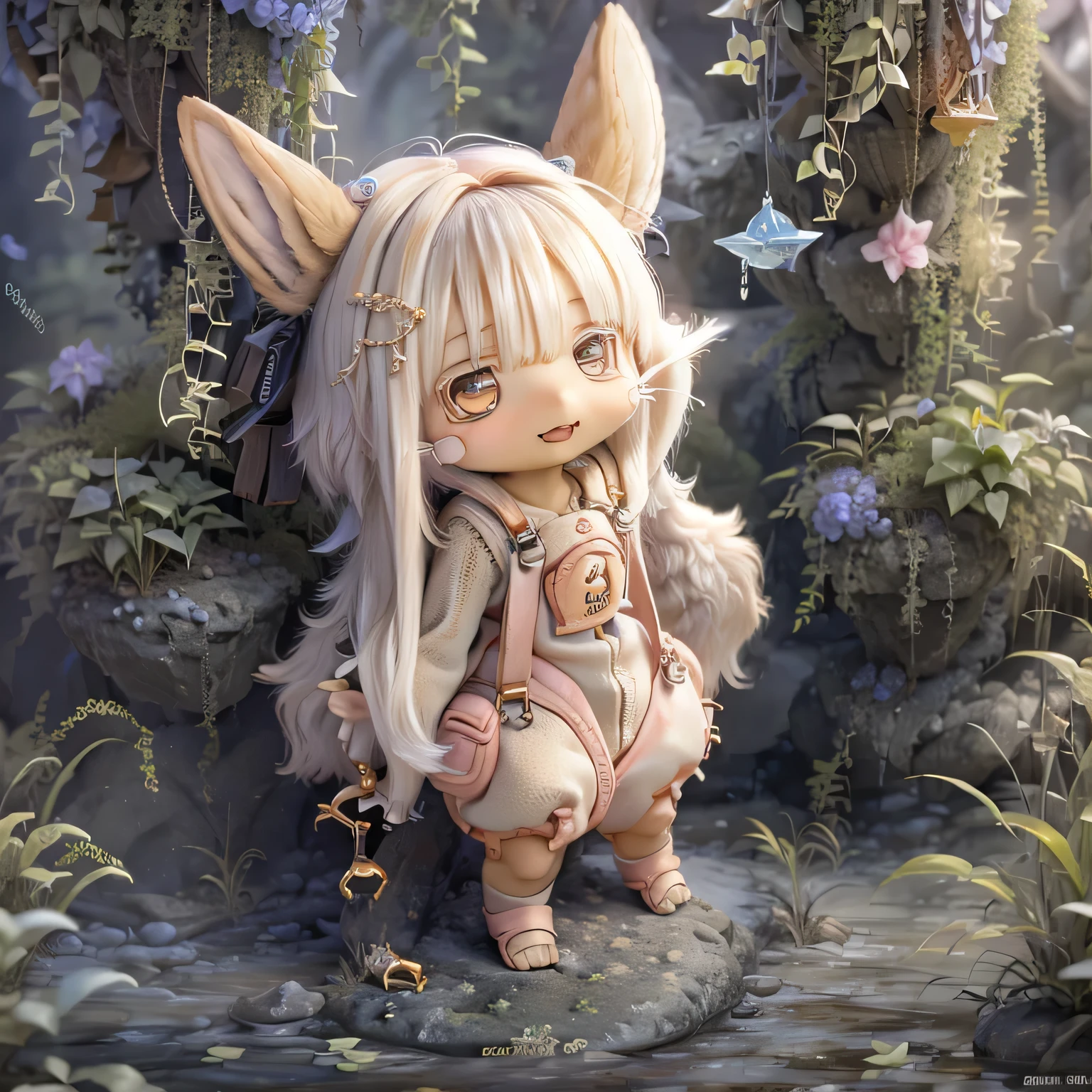 In the garden, smile, Similar to Nanachi from Made in Abyss. She is beautiful, Beautiful eyes and lips.  (((Chibi Style,))) . Image quality is excellent, Highly detailed and realistic features. The medium of this work is、Combining illustration and photorealistic rendering.. The colors are vivid、The lighting creates a warm and bright atmosphere。 whole body(((((overalls)))))Contrasting cute poses