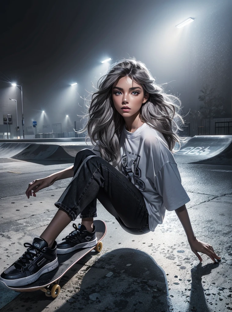 (beautiful, best quality:1.2), 1 girl, solo shot, A woman glides effortlessly on a skateboard along an empty, concrete skatepark illuminated by the soft glow of streetlights, She’s dressed in a sleek, oversized white graphic tee paired with form-fitting black jeans and chunky black skate shoes, exuding a modern, edgy vibe, With her ash-gray hair flowing behind her, the model’s captivating, dewy blue eyes lock onto the viewer, radiating confidence and determination