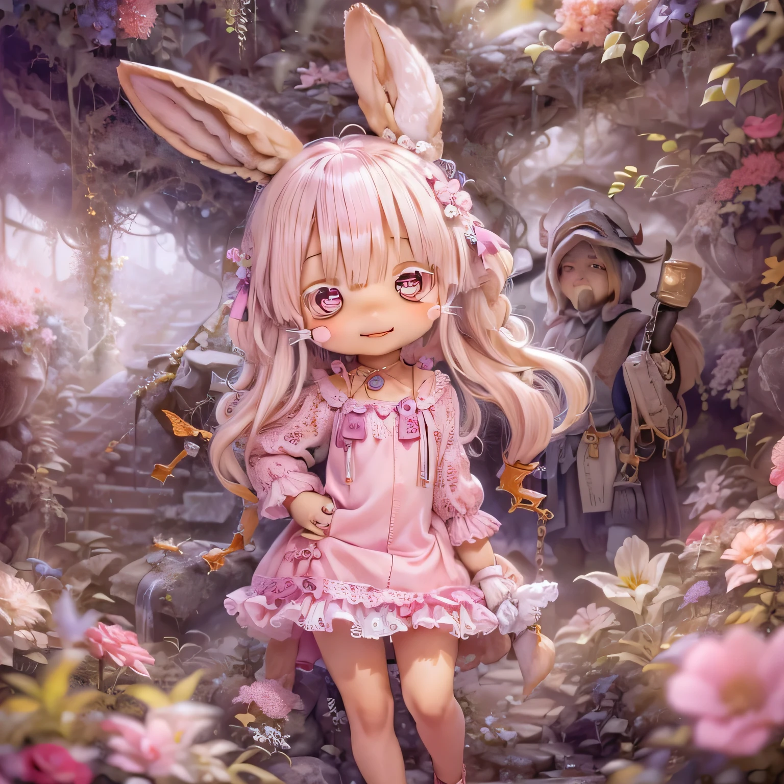 In the garden, smile, Similar to Nanachi from Made in Abyss. She is beautiful, Beautiful eyes and lips.  (((Chibi Style,))) . Image quality is excellent, Highly detailed and realistic features. The medium of this work is、Combining illustration and photorealistic rendering.. The colors are vivid、The lighting creates a warm and bright atmosphere。 whole body(((((Cute pink dress)))))Contrasting cute poses