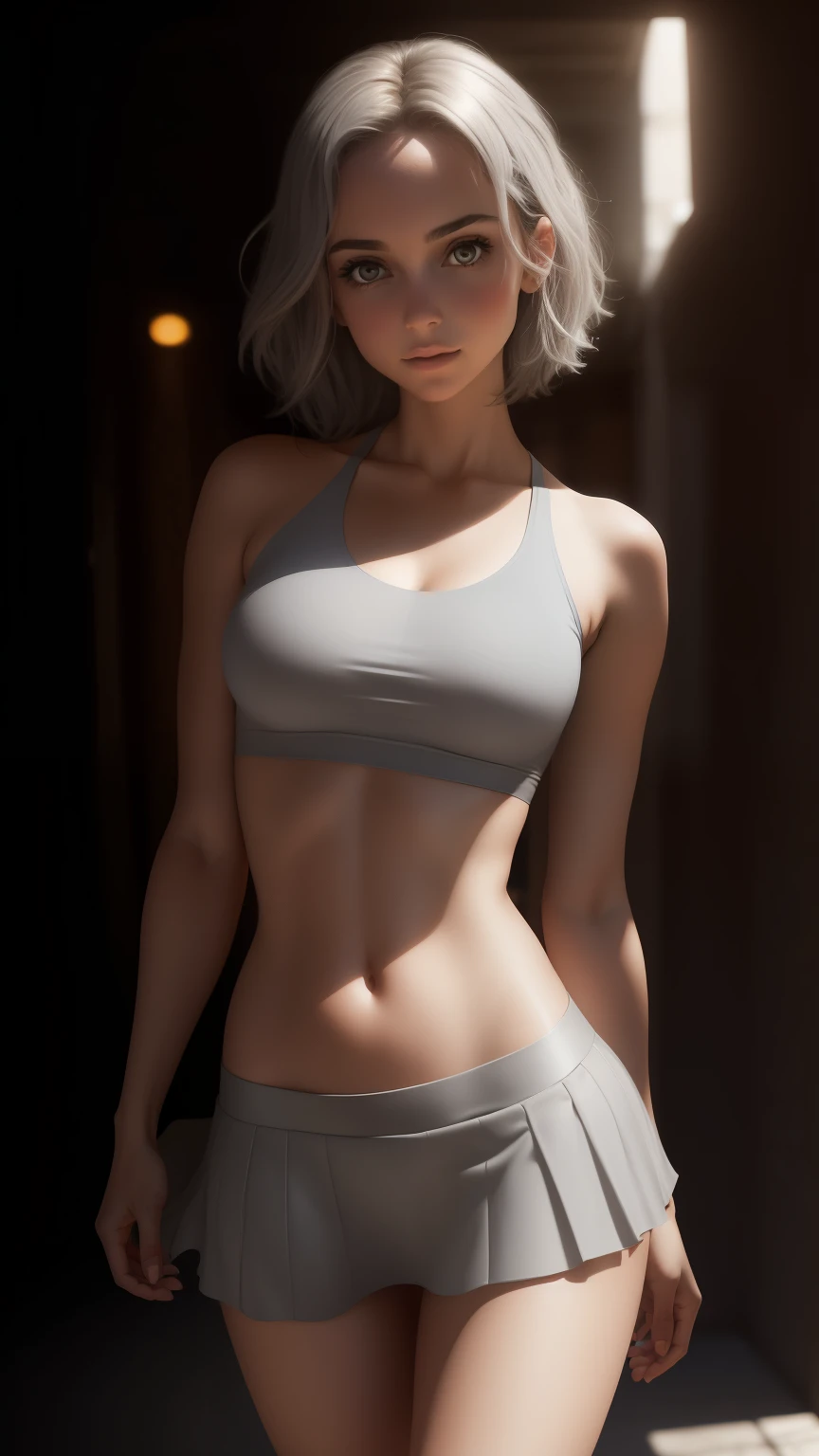 (solo), (a detailed full body RAW photo of a girl), (masterpiece:1.0), (best quality:1.4), (ultra highres:1.2), (photorealistic:1.4), 8k resolution, Canon EOS R5, 50mm, absurdres, ultra detailed, (18yo), cinematic lighting, detailed beautiful face, (makeup:1.2), (ulzzang-6500-v1.1), petite figure, detailed skin texture, pale skin, cup-d breasts , (skinny and fit body:1.3), thigh gap, detailed blonde hair, (small body), (Avril Lavigne:0.7), (no top, white skirt lifted, tiny panties:1.4), realistic glistening skin, (bedroom:1), (cameltoe:1.3), (sweating:1.45), slim waist, smiling with parted lips, blushing, blue eyes , solo