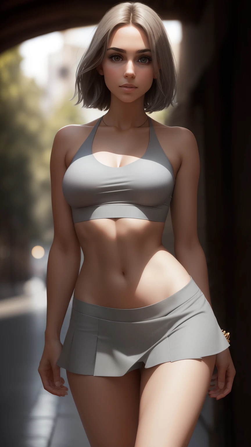 (ultra realistic, highly detailed:1.4), best quality, masterpiece girl, sfw massive breasts, tank top, cleavage, short pink hair, ((longtorso, ltso):1.3), tall