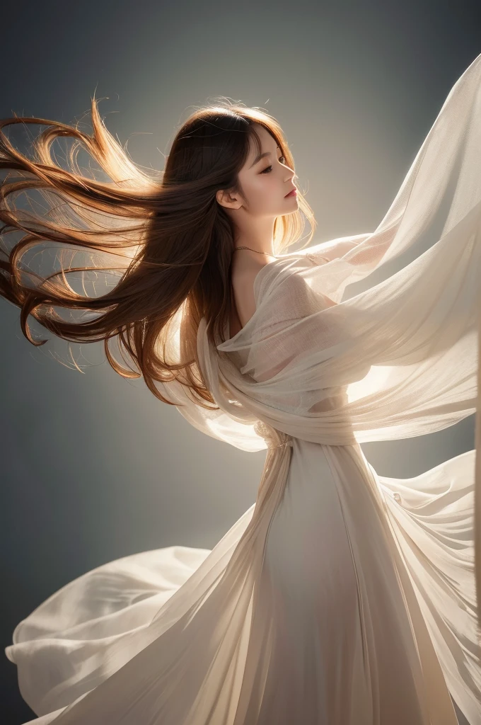 A beautiful Japanese girl is depicted in a vertical, ultra-realistic illustration, surrounded by flowing, translucent fabric. She has delicate features and long, flowing hair that adds to the ethereal quality of the image. She wears a thin, intricately designed dress that appears almost weightless as it billows around her. Her pose is graceful and fluid, with her arms raised and fingers delicately entwined in the fabric, giving the impression of movement and lightness.
The background is a soft, luminous setting with light filtering through the fabric, creating a dreamlike and airy atmosphere. The artist employs digital painting techniques to achieve high detail and realism, particularly in the textures of the fabric, her hair, and the intricate details of the dress. The lighting is soft and diffused, casting gentle shadows and highlights that enhance the serene and elegant mood of the scene.