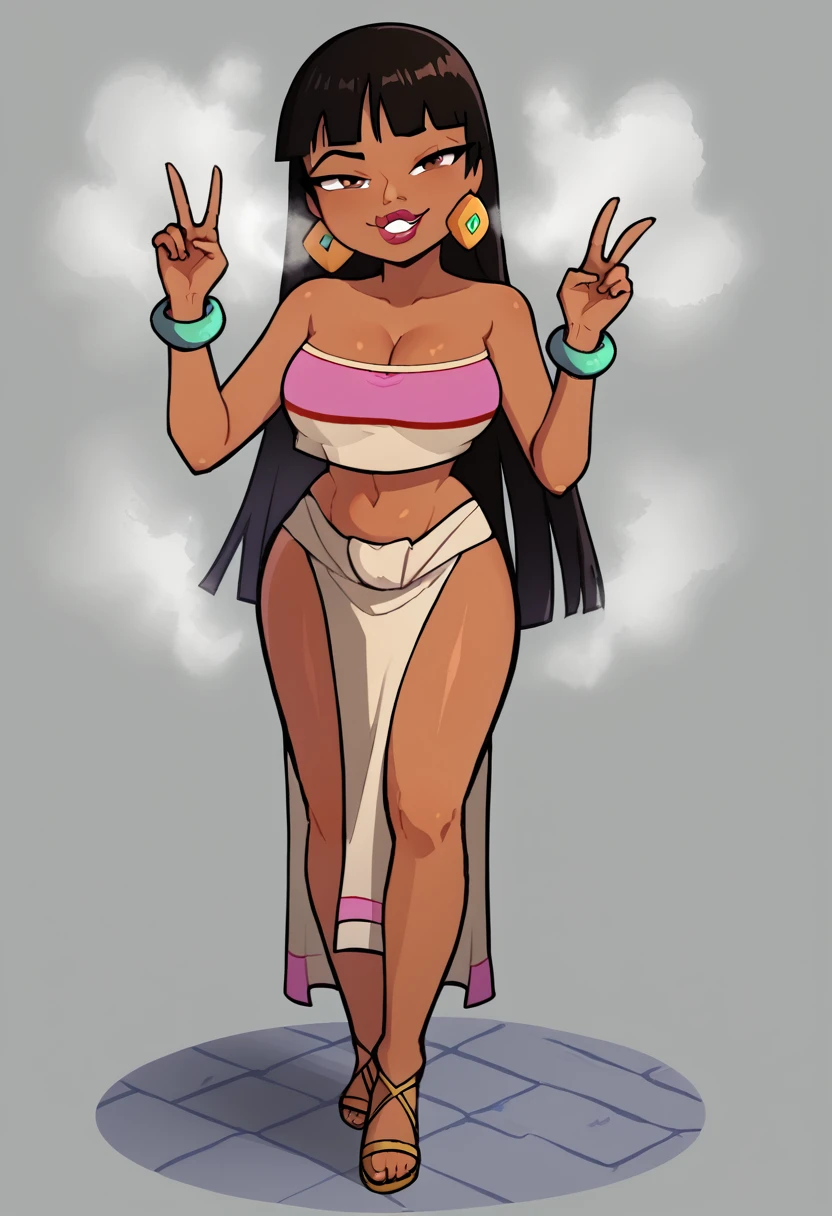 nsfw, +18, chel,   black hair, long hair, blunt bangs, brown eyes, dark skin, lipstick, top, cleavage, white loincloth, earrings, smug, steam, 1girl, solo, standing, no background,  full body, peace sign