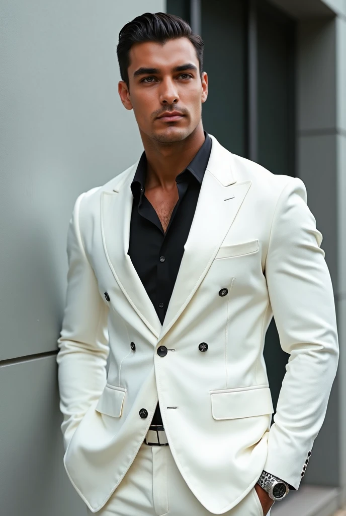 fotografia, masculine perfection, queixo forte, fleshy lips, nariz romano, cabelo loiro curto, hazel eyes, hiper-realista, 8k-v4 . Moda moderna alta costura fashion futurista. Roupa preta moderna