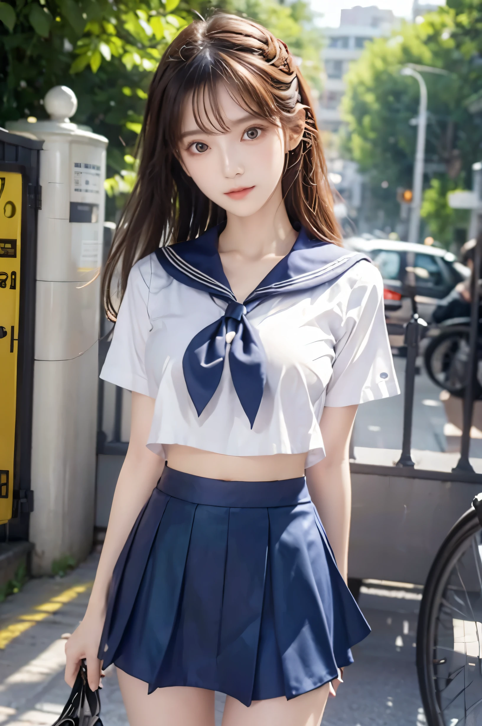 (Ultra HD), (Looking at me), (Short-sleeved sailor uniform, Navy blue mini skirt), Big Breasts, Super beautiful breasts, Slender, (Thin legs:1.2), (Thin thighs:1.2), (Thin Hips:1.4), (Beautiful Skin, Shiny skin, White skin), (Super slim face, Super beautiful face, No makeup, Smile:0.6), (Light Brown, Long Hair, Layered Cut, Fluffy hair), (Big eyes:1.3, High corners of the eyes:1.6, Double eyelids), (Thin eyebrows:0.1), (Small Nose:0.6), (Thin lips:0.6), Standing, In front of the school gate