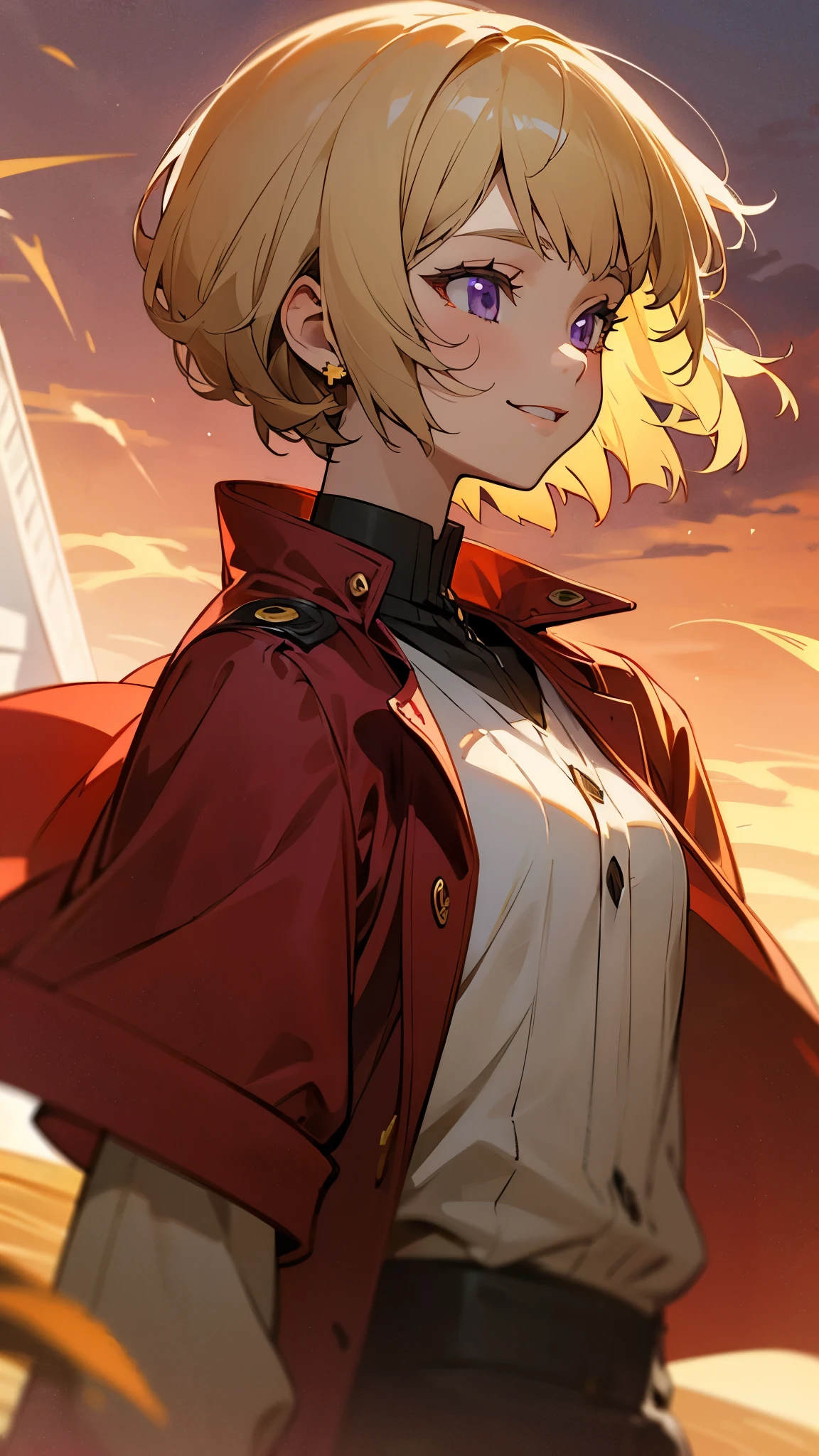 1 female、Blonde、bangs、Bobcut、Straight Hair、Chignon hairstyle、Purple Eyes、Wicked Smile、From the side、Red rider jacket、Long sleeve、gloves、Golden Hour Sky、Lighthouse Background、Blowing in the Wind、Upper body close-up、Sharp contours