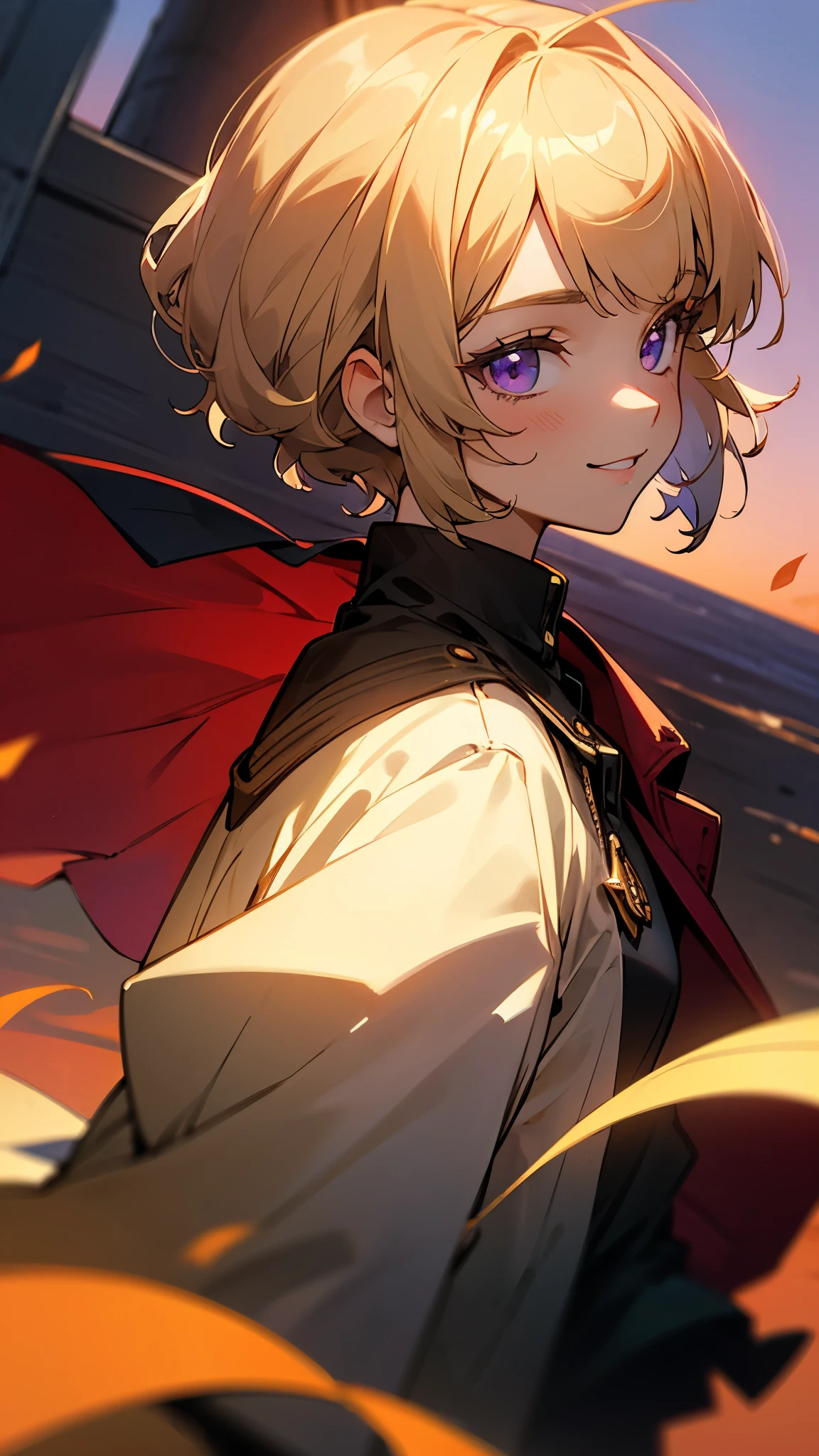 1 female、Blonde、bangs、Bobcut、Straight Hair、Chignon hairstyle、Purple Eyes、Wicked Smile、From the side、Red rider jacket、Long sleeve、gloves、Golden Hour Sky、Lighthouse Background、Blowing in the Wind、Upper body close-up、Sharp contours