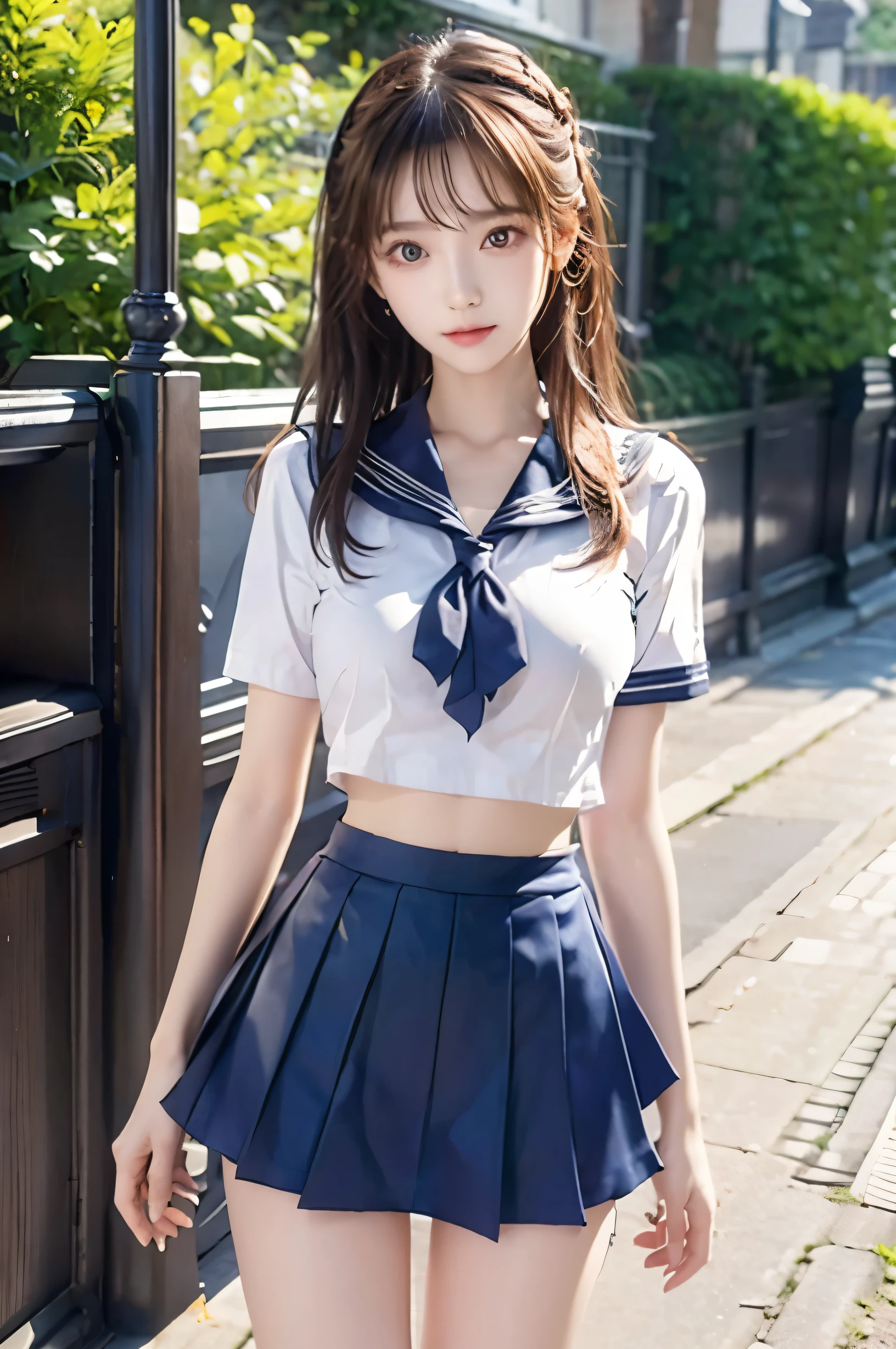 (Ultra HD), (Looking at me), (Short-sleeved sailor uniform, Navy blue mini skirt), Big Breasts, Super beautiful breasts, Slender, (Thin legs:1.2), (Thin thighs:1.2), (Thin Hips:1.4), (Beautiful Skin, Shiny skin, White skin), (Super slim face, Super beautiful face, No makeup, Smile:0.6), (Light Brown, Long Hair, Layered Cut, Fluffy hair), (Big eyes:1.3, High corners of the eyes:1.6, Double eyelids), (Thin eyebrows:0.1), (Small Nose:0.6), (Thin lips:0.6), Standing, In front of the school gate