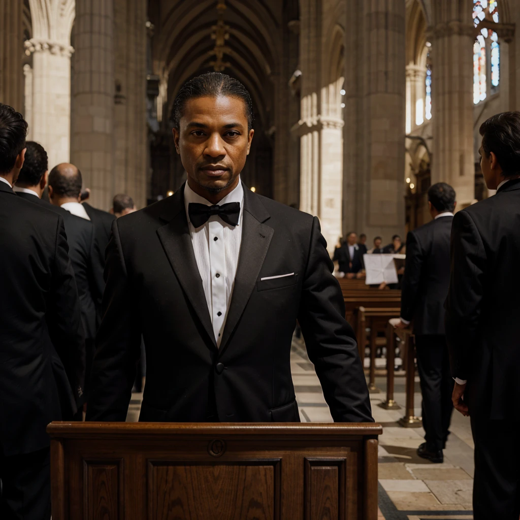 8K photorealistic images，25-year-old black man，balding，Wearing an open black blazer，Wearing a white shirt underneath，The expression is grim，With his head bowed，The last person in line in the church，nighttime scene，Cinematography horror

8K bīzhēn túxiàng,25 suì​​hēirén, tūtóu, Chuānzhuó chǎngkāi de hēisè xīzhuāng wàitào, xiàmiàn chuānzhuó báisè chènshān, biǎoqíng yánjùn, dīzhe tóu, Jiàotáng nèi pái zài zuìhòu de rén, yèjǐng, diànyǐng shèyǐng kǒngbù