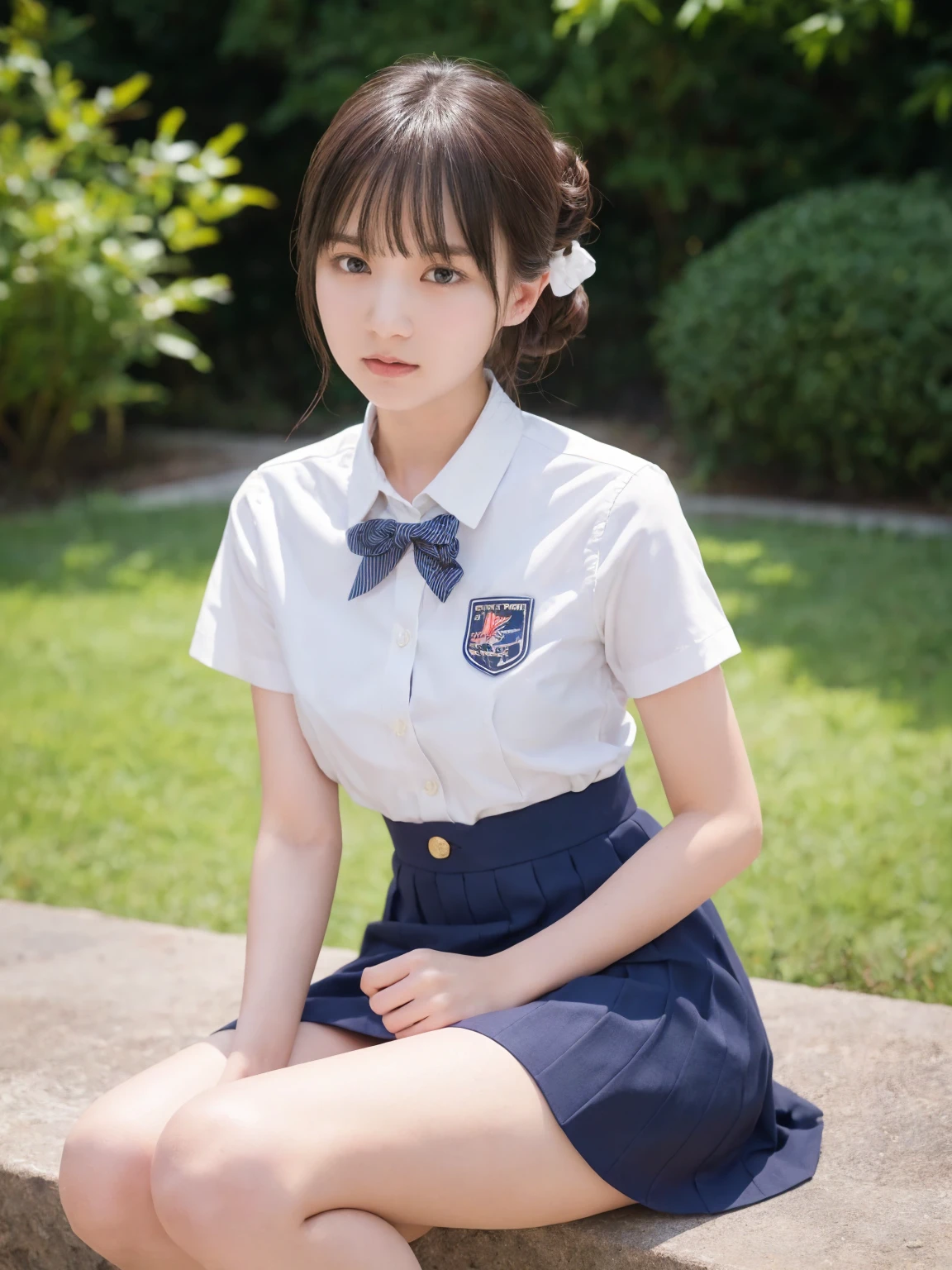 (masterpiece, Best Quality, Best Quality, Official Art, beautifully、aesthetic:1.2), (Realistic,RAW Photos, Best Quality),(One girl), ,(Cute,Adorable)、Clear images、Best Quality、8k、Brown Hair、Asymmetrical short side updo、hairpin、Tokiwadai Junior High School short sleeve uniform、School、Arms crossed、Ultra mini skirt,jacket, Loose socks、panties　Open your thighs&#39;knees,(Sitting with legs crossed:1.4),,常盤台中Schoolの制服,(show panties :1.5),(キュートなpantiesを前面に披露しましょう:1.8),純白のpantiesを見せつける,