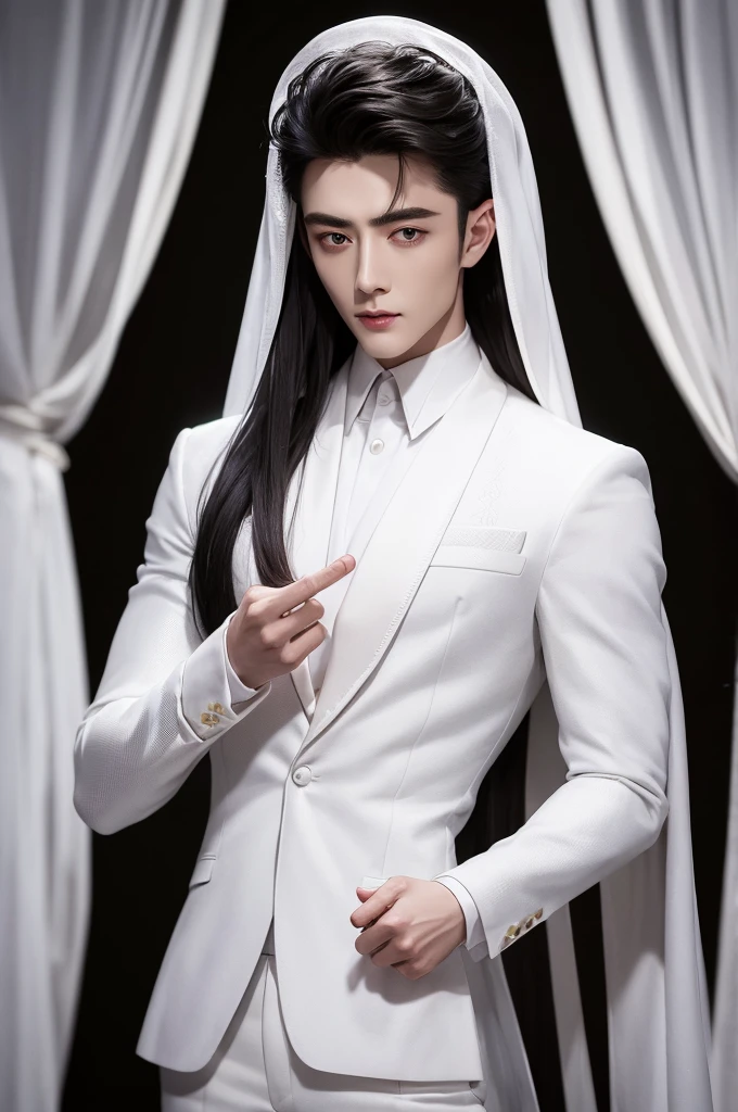 Xiao Zhan,Big handsome guy,The handsome guy is big and invincible.,Unparalleled beauty,Beautiful and pure eyes,Like a god descended from man, this incredibly detailed photo of a beautiful alien vampire, Renaissance, long white hair, Complex white eyes, amazing, undercover, Too much detail, Resolution 32k, Dynamic lighting, Close the navel, Too much detail, Complex details, Trending on artstation, Elegant white suit, Volumetric lighting, Balenciaga style