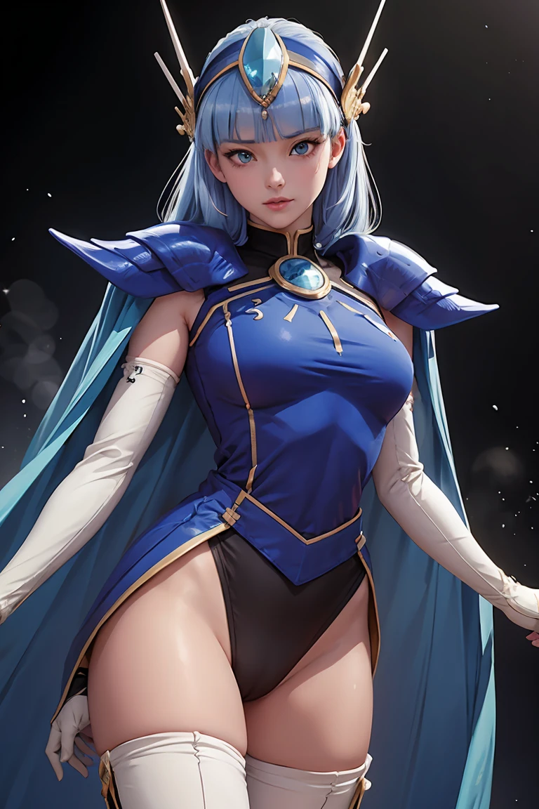 fancy,1girl Umi Ryuuzaki Headgear with Hair Band, blue armor shoulder armor blue cape elbow gloves leotard white socks,camel toe,work of art,noise reduction,Perfect Anatomia,high resolution, ultra detali,CG game,dutch angle ,beautiful detailed eyes,visual artwork,five toes, perfect hands, perfect lighting, nsfw, (.POSE SEXY E SENSUAL)
