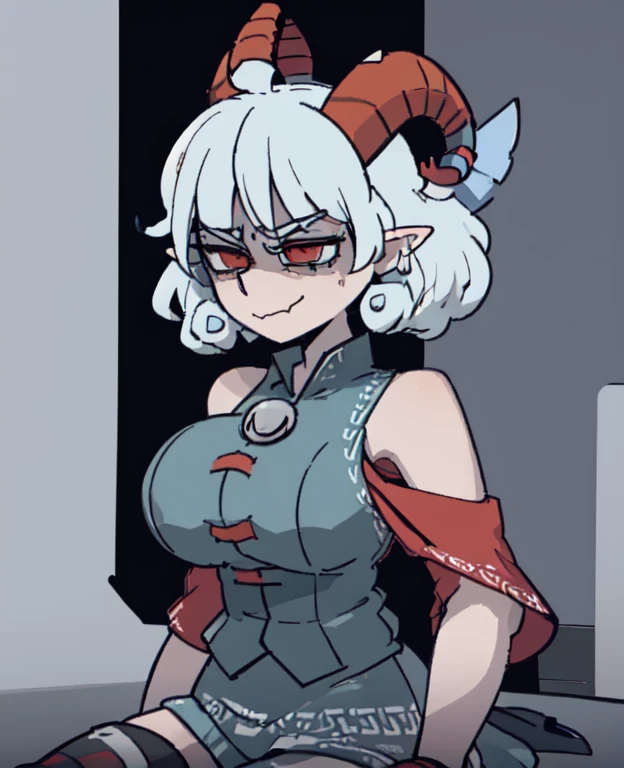 1girl,long hair, white hair,curly hair,yellow eyes,(angry face), medium ,show belly,cleavage,horns,elf ears,((yellow scarf)),(((walking in an alley of a city at night,night))),cowboy shot,from front,(black tank top,black pencil skirt,black leather pants), (pregnant)