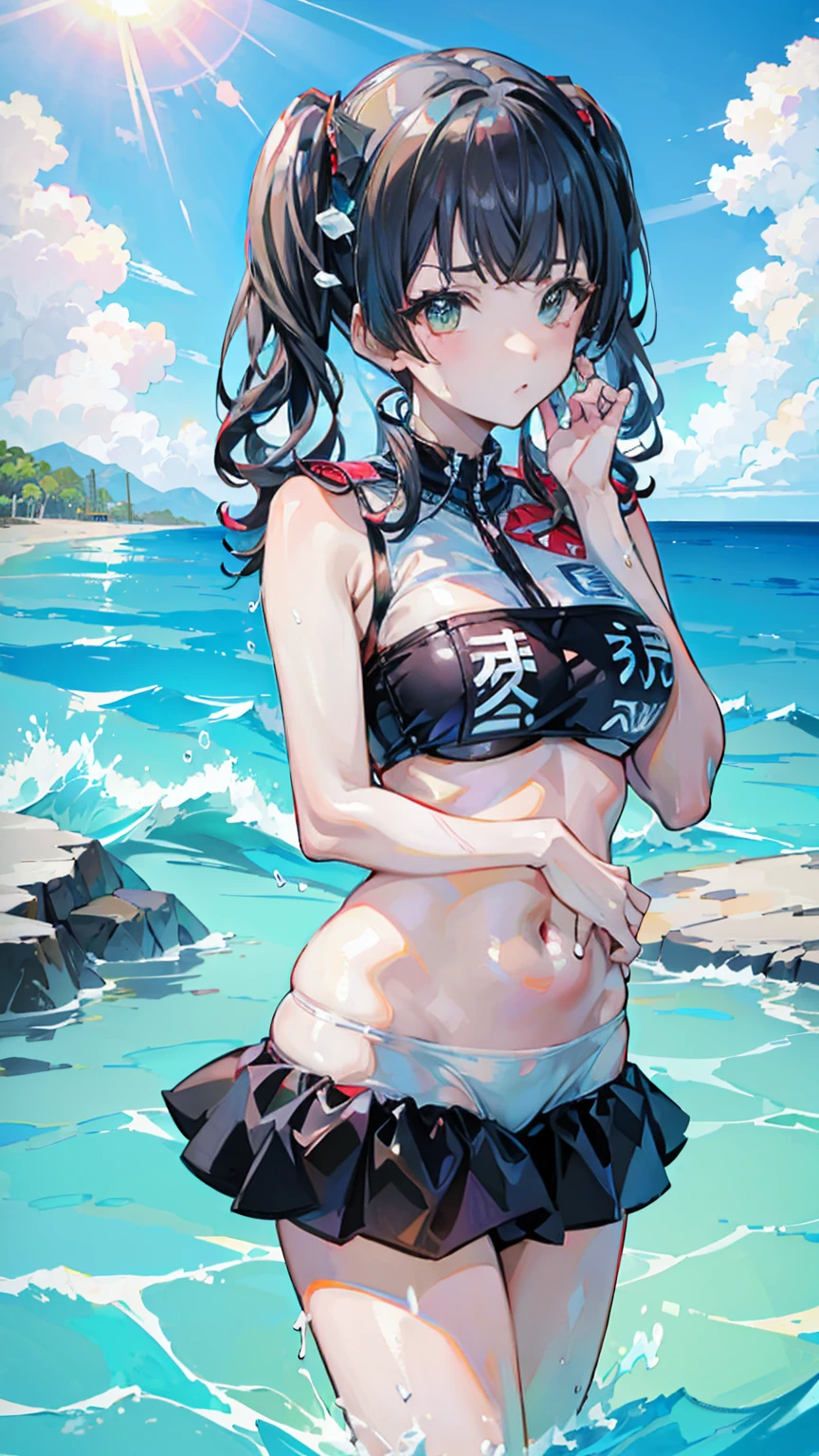 1 girl, 18yo, shy girl, (perky breast), (the small projection at top of breast), ((protrusion at top of chest)), wet body, camel toe, kawaii face, well proportioned face, black eyes, black hair, blunt bungs, hair ribbon, ponytail, see-through swimsuit, skin dentation, small breasts, slender body, dancing to tease her body on shore, beach, full body, from below, nsfw,