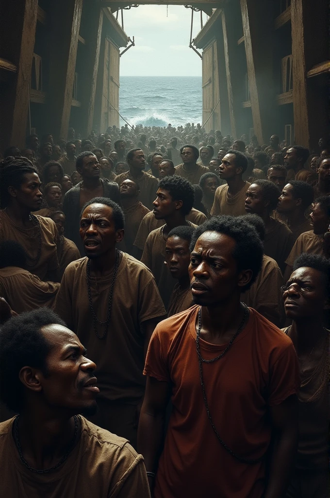Hyper-realism 8k, slave early 1800’s, drowned, zombie, Tarantino style, detailed eyes, 8k eyes with tears, scary, group of slaved thrown from boat, black history realistic + African Slaves.