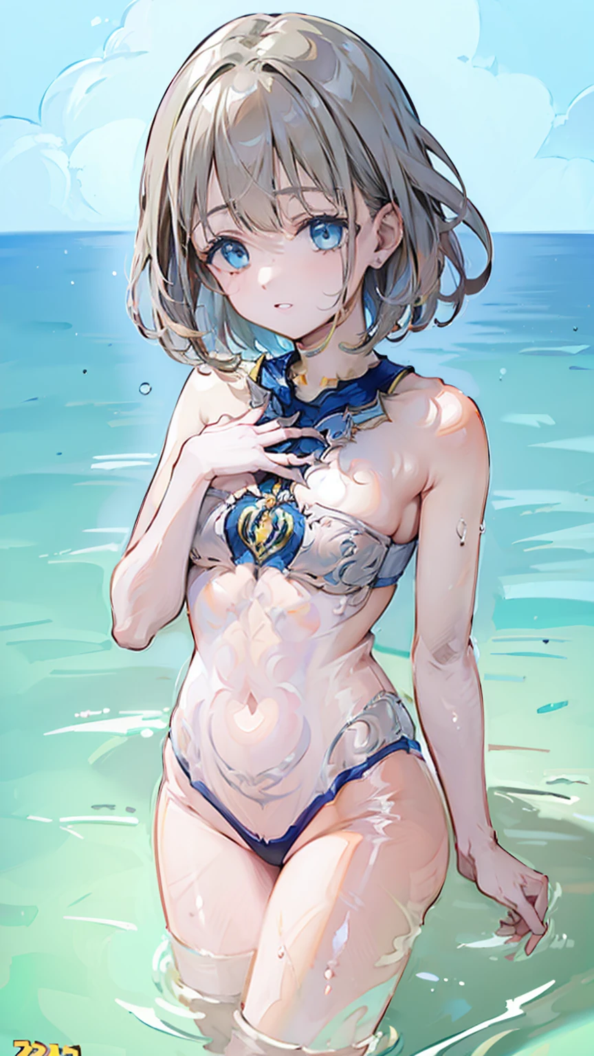 nsfw,white_micro_bikini,ultra high quality,masterpiece,(((embarrassed,hands_on_chest,open mouth,smile,enjoy))), Asahi_serizawa/(idol_m@ster/),(((swimming in the water around the beach))),BREAK,(((silver_short_hair,matur_adult)))