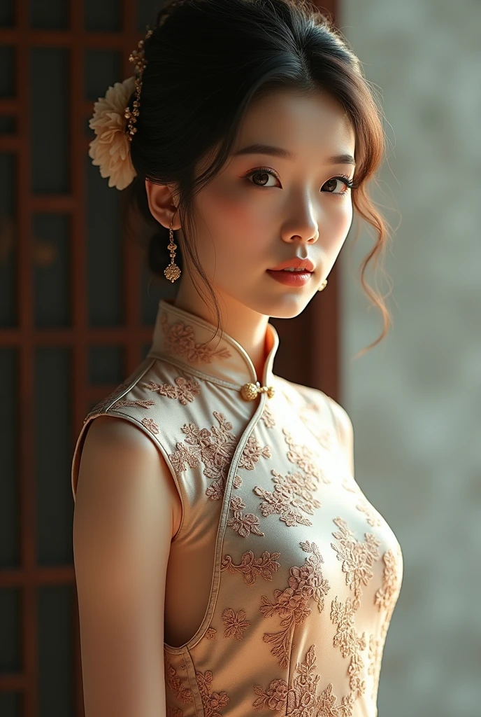 Best quality, masterpiece, (Realisticity: 1.2), medium view of a 20-year-old brunette in a transparent cheongsam, high viewing angle, head up, skyline out of focus in background, detailed face, beautiful eyes, stout chin