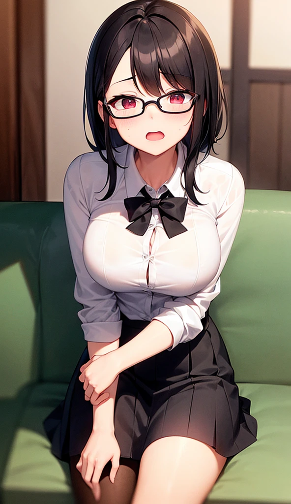 BREAK (masterpiece:1.2), best quality, high resolution, unity 8k wallpaper, (illustration:0.8), (beautiful detailed eyes:1.6), extremely detailed face, perfect lighting, extremely detailed CG, (perfect hands, perfect anatomy),school,hallway,desks,windows,tables,teacher,long haired,ponytail,glasses,hair between eyes, big green eyes, white blouse,cleavege,neckline,unbutton blouse,nipples see through,skirt,brown skirt,long pencil skirt,pantyhose,sitting on table,spread legs,angry face,from below.