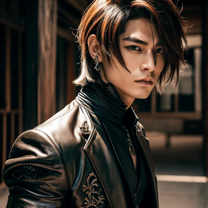 1 man, male, Japanese man, Visual Kai hairstyle, ultra detailed face and body, hyperrealistic, realistic representation, muscular, broad shoulders, tattoos gothic style, Visual Kei style, blond, long hair, 40 years old, outfit gothic streampunk, men's shirt and black pants, Asian eyes