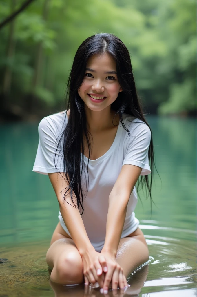Masterpiece, best quality, 8k, raw photo, photorealistic, portrait, 1 Thai woman , long straight hair, wet hair, open forehead, sweet pretty face, perfect eyes, figure, High nose, face flushes, detailed skin, Detailed mouth, blushing, Charming smile, Neat look, cheekbones1.5, Jaw ridge1.5, pointed chin, Thick eyebrows1.5, SoakingWetClothes, (Short sleeve t-shirt, white), extended downblouse, leaning forward, bent over, hands on own knee, tiny breasts, puffy nipple1.5, short pant jeans, slender legs, half body, she wet, standing on the water, narrow waterfall