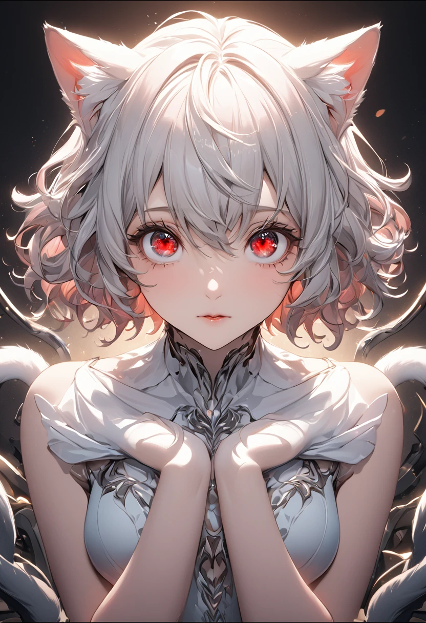 neferpitou, neferpitou, short hair, (red eyes:1.5),  animal ears, tail, white hair, shorts, cat ears, cat tail, curly hair, (small breast:1.2), BREAK looking at viewer, BREAK outside, BREAK (masterpiece:1.2), best quality, high resolution, unity 8k wallpaper, (illustration:0.8), (beautiful detailed eyes:1.6), extremely detailed face, perfect lighting, extremely detailed CG, (perfect hands, perfect anatomy),