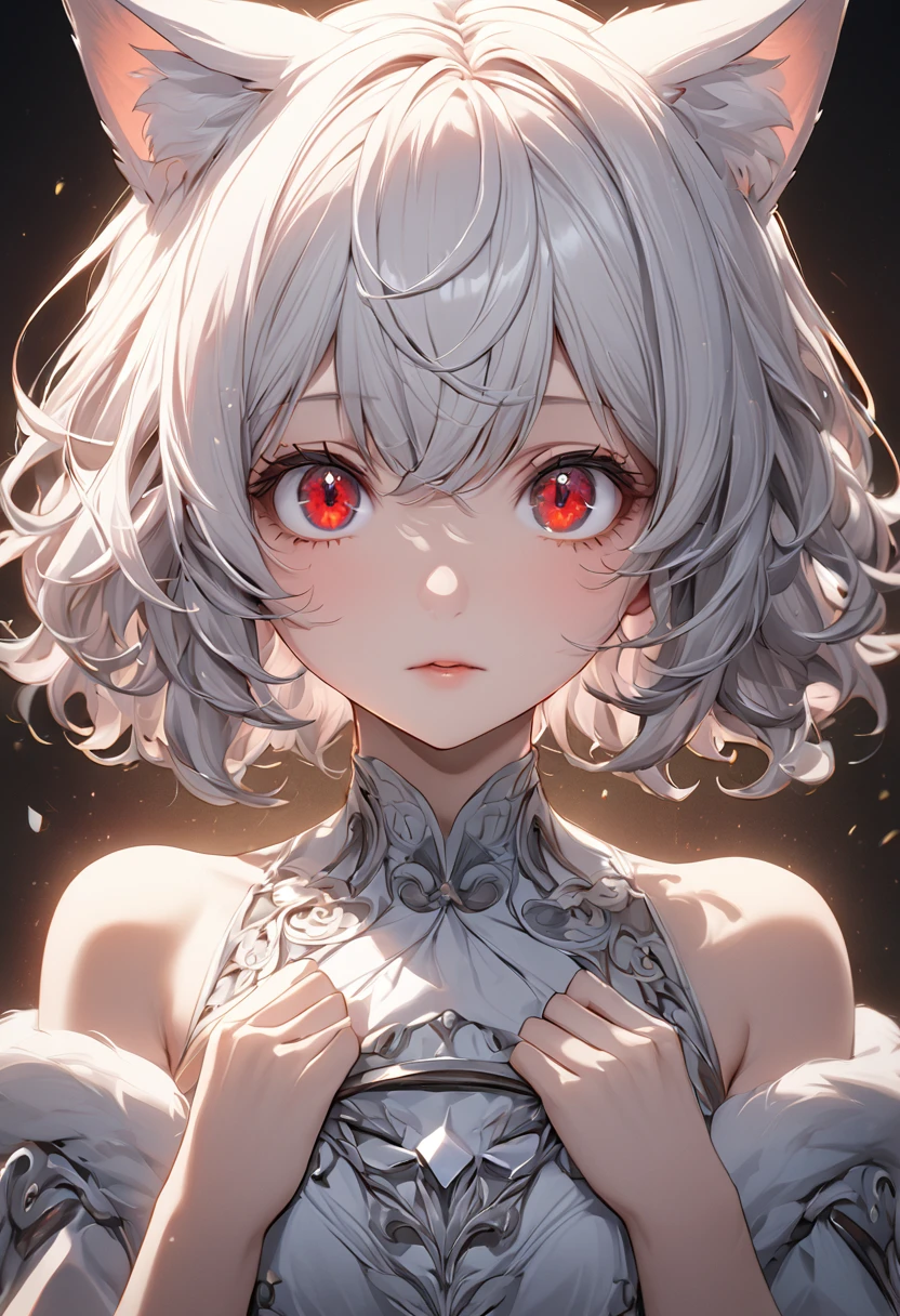 neferpitou, neferpitou, short hair, (red eyes:1.5),  animal ears, tail, white hair, shorts, cat ears, cat tail, curly hair, (small breast:1.2), BREAK looking at viewer, BREAK outside, BREAK (masterpiece:1.2), best quality, high resolution, unity 8k wallpaper, (illustration:0.8), (beautiful detailed eyes:1.6), extremely detailed face, perfect lighting, extremely detailed CG, (perfect hands, perfect anatomy),