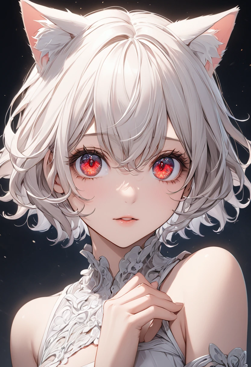 neferpitou, neferpitou, short hair, (red eyes:1.5),  animal ears, tail, white hair, shorts, cat ears, cat tail, curly hair, (small breast:1.2), BREAK looking at viewer, BREAK outside, BREAK (masterpiece:1.2), best quality, high resolution, unity 8k wallpaper, (illustration:0.8), (beautiful detailed eyes:1.6), extremely detailed face, perfect lighting, extremely detailed CG, (perfect hands, perfect anatomy),