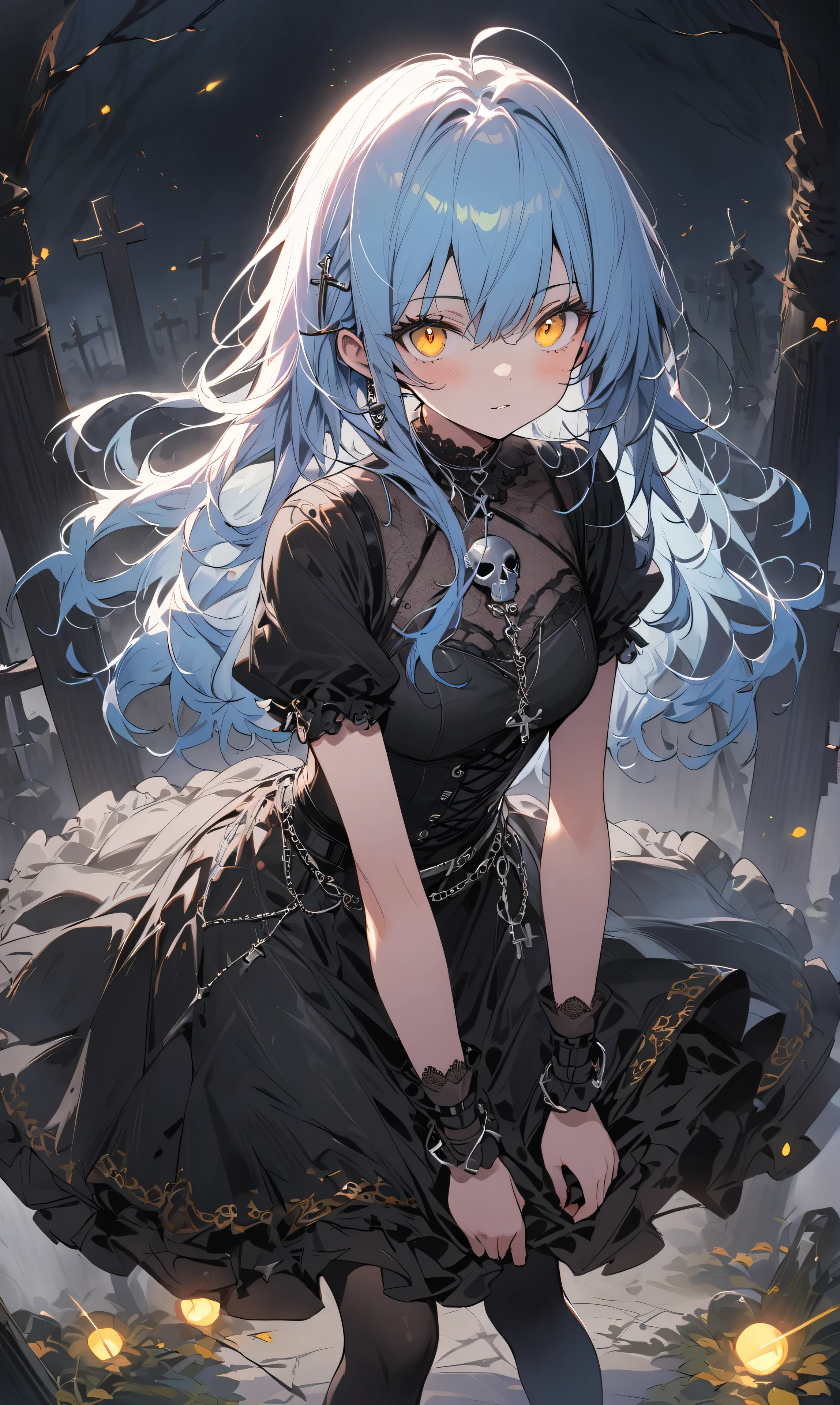 ((masterpiece,highest quality)),One girl,Beautiful fine details, detailedな顔, (whole body:1.2), 1 girl, solo,a girl with light blue hair and glowing yellow eyes while looking at viewer, and wearing "A youthful Gothic dress featuring a fitted black velvet bodice with a sweetheart neckline, lace trim, and short puffed sleeves. The dress flares into a knee-length A-line skirt made of layered tulle, with subtle lace detailing along the hem. A silver chain belt wraps around the waist, adding a modern edgy touch. The dress has delicate lace-up detailing on the back and small silver skull or cross accents. The overall look is dark yet playful, perfect for a teen with a rebellious, Gothic style. Picture the outfit against a misty, moonlit background for added atmosphere, standing, giving dark vide haunted atmosphere, graveyard, golden glowing eyes looking at viewer"Faetastic