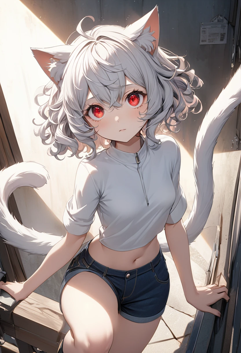 neferpitou, neferpitou, short hair, (red eyes:1.5), black long sleeves, animal ears, tail, white hair, shorts, cat ears, cat tail, curly hair, (small breast:1.2), BREAK looking at viewer, BREAK outside, BREAK (masterpiece:1.2), best quality, high resolution, unity 8k wallpaper, (illustration:0.8), (beautiful detailed eyes:1.6), extremely detailed face, perfect lighting, extremely detailed CG, (perfect hands, perfect anatomy), sexy post , see nipple